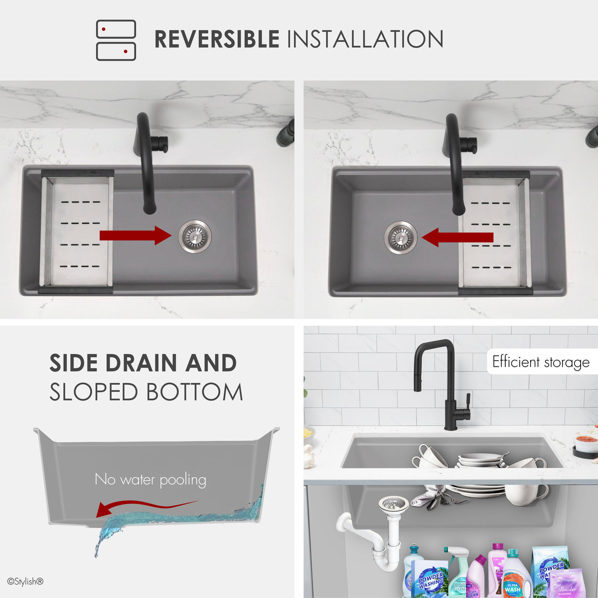 Stylish Canmore 32" Dual Mount Workstation Single Bowl Gray Composite Granite Kitchen Sink with Built in Accessories S-832WLK