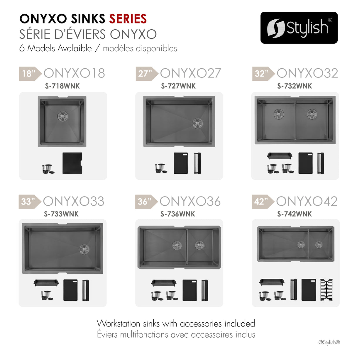 Stylish Onyxo 27" Workstation Single Bowl Undermount 16 Gauge Dura-Tek Kitchen Sink with Black Accessories Included S-727WNK