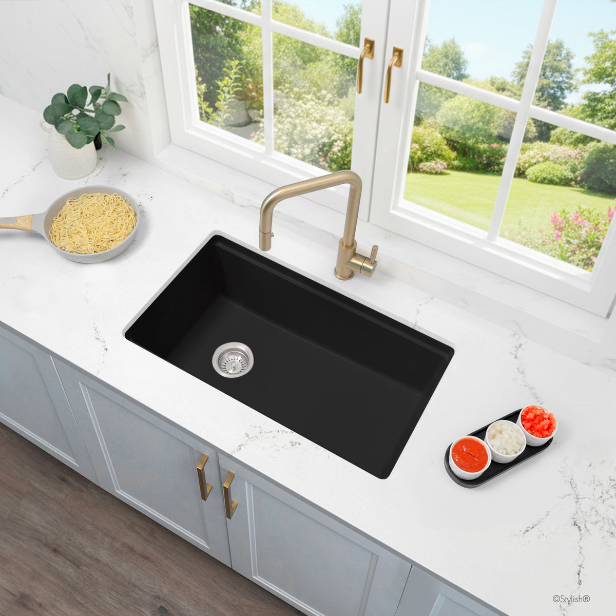 Stylish Canmore 32" Dual Mount Workstation Single Bowl Black Composite Granite Kitchen Sink with Built in Accessories S-832WNK
