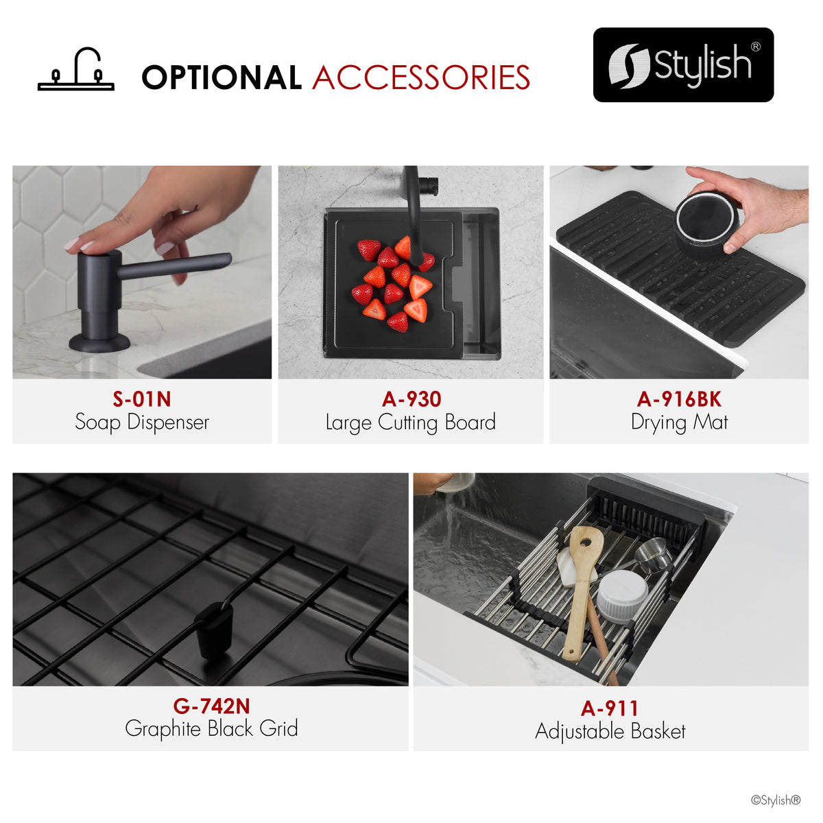 Stylish Onyxo 42" Workstation 70/30 Double Bowl Undermount 16 Gauge Dura-Tek Kitchen Sink with Black Accessories Included S-742WNK