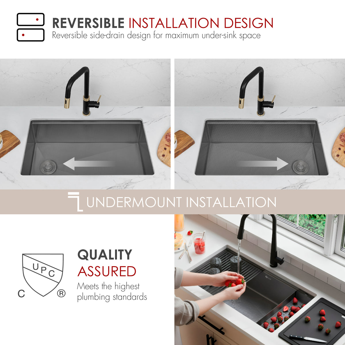 Stylish Onyxo 33" Workstation Single Bowl Undermount 16 Gauge Dura-Tek Kitchen Sink with Black Accessories Included S-733WNK