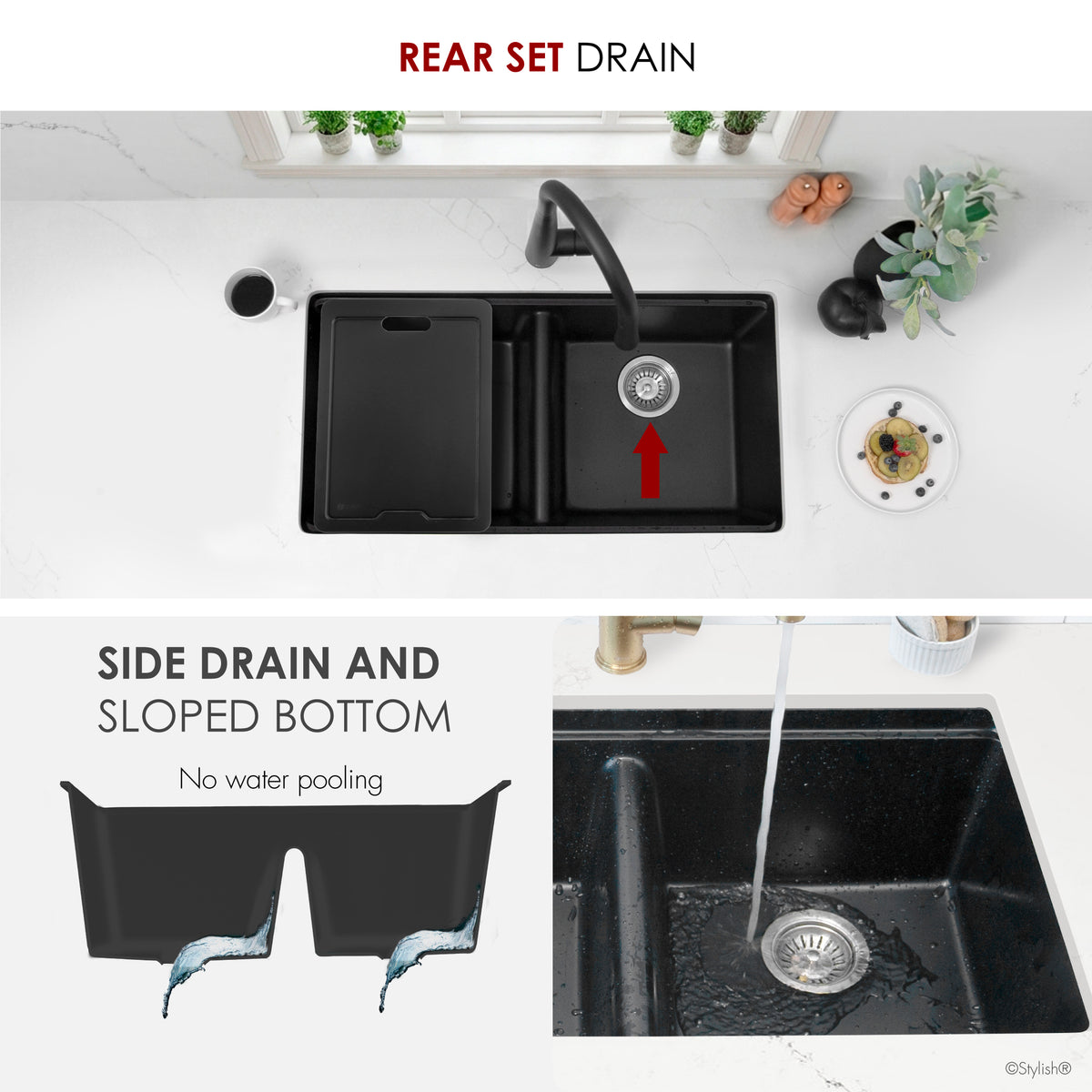 Stylish Banff 33" Dual Mount Workstation Double Bowl Black Composite Granite Kitchen Sink with Built in Accessories S-833WNK