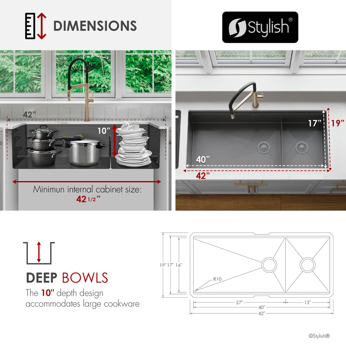 Stylish Onyxo 42" Workstation 70/30 Double Bowl Undermount 16 Gauge Dura-Tek Kitchen Sink with Black Accessories Included S-742WNK