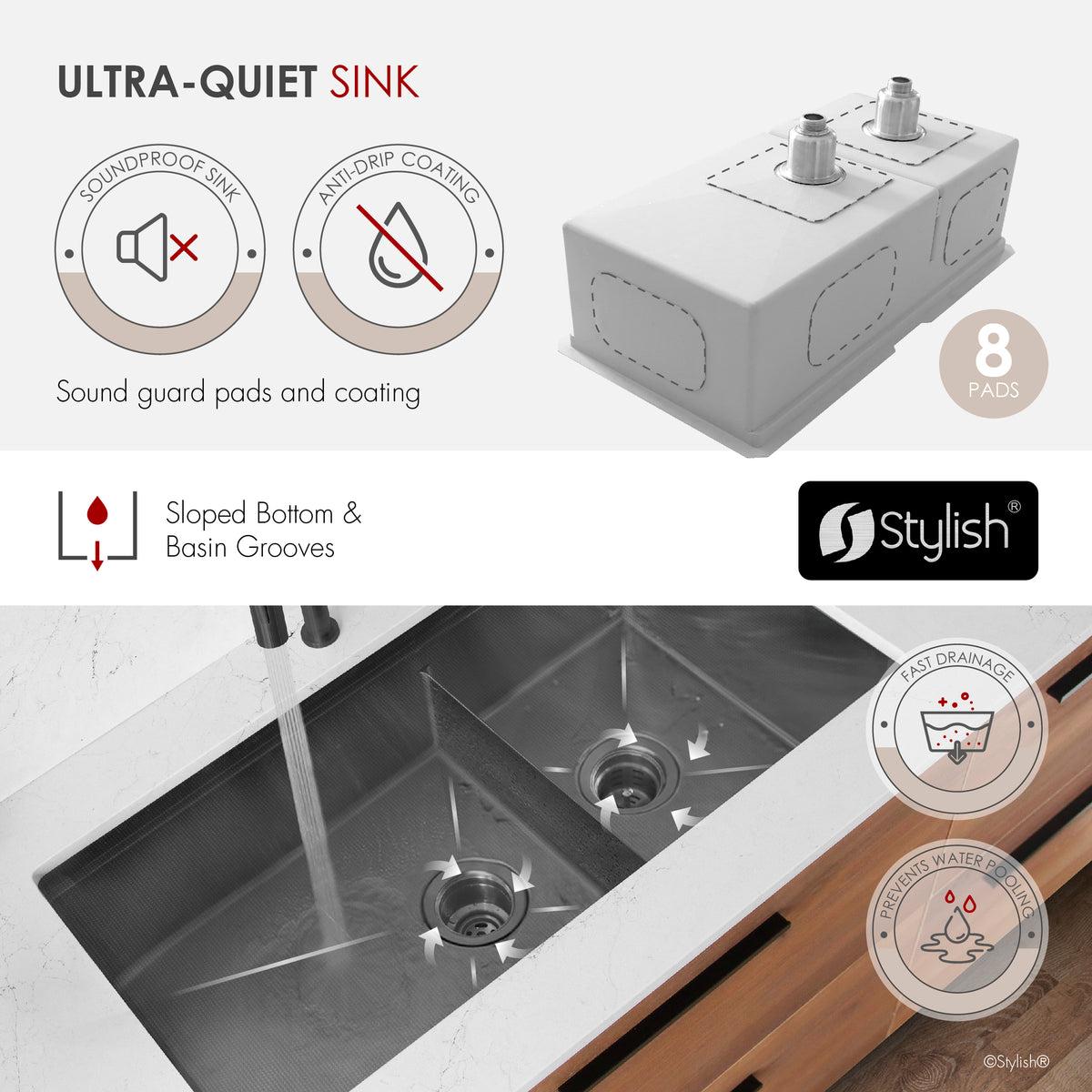 Stylish Onyxo 36" Workstation 60/40 Double Bowl Undermount 16 Gauge Dura-Tek Kitchen Sink with Black Accessories Included S-736WNK