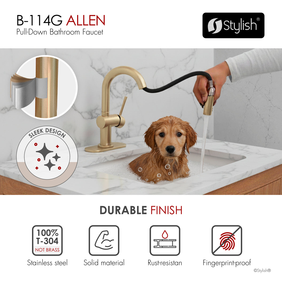 Stylish Aleen Bathroom Faucet Single Handle Brushed Gold B-114G