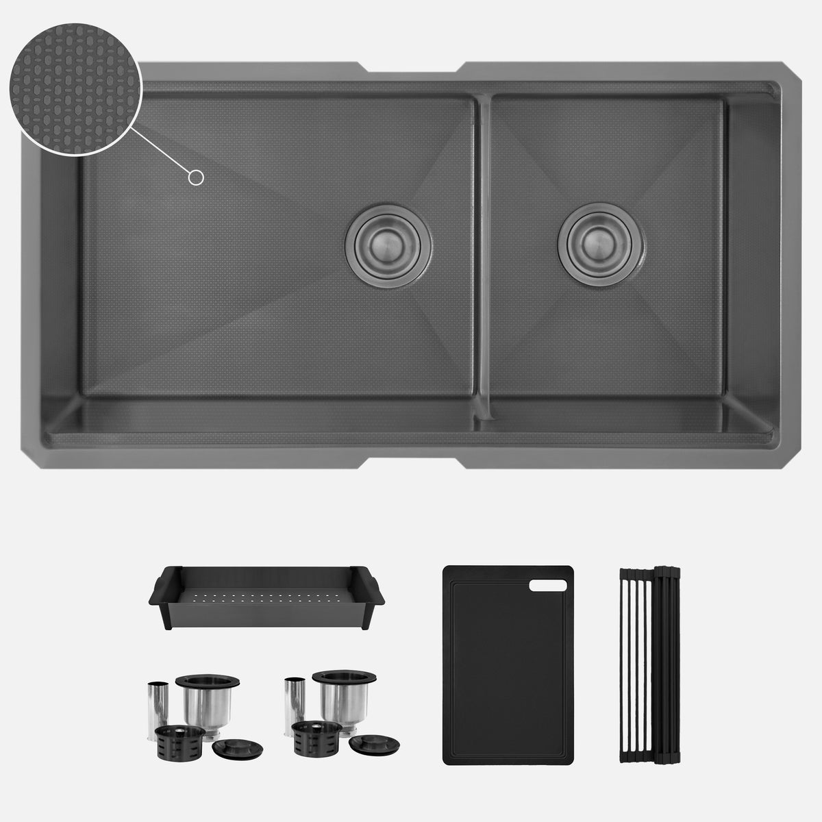 Stylish Onyxo 36" Workstation 60/40 Double Bowl Undermount 16 Gauge Dura-Tek Kitchen Sink with Black Accessories Included S-736WNK
