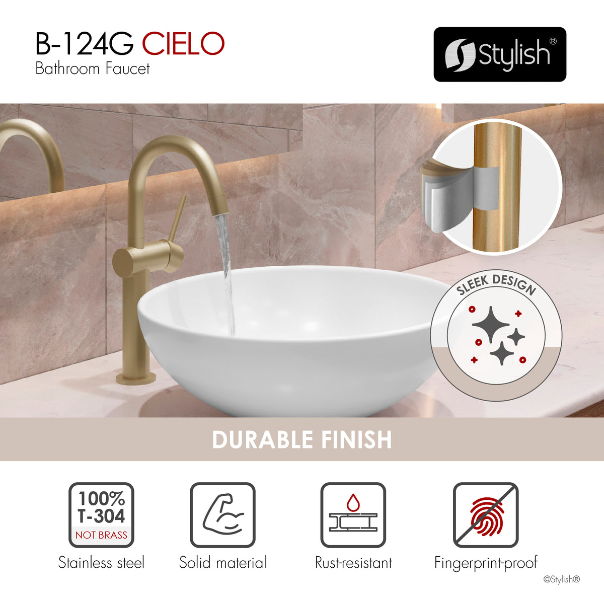 Stylish Cielo Bathroom Faucet Single Handle Brushed Gold B-124G
