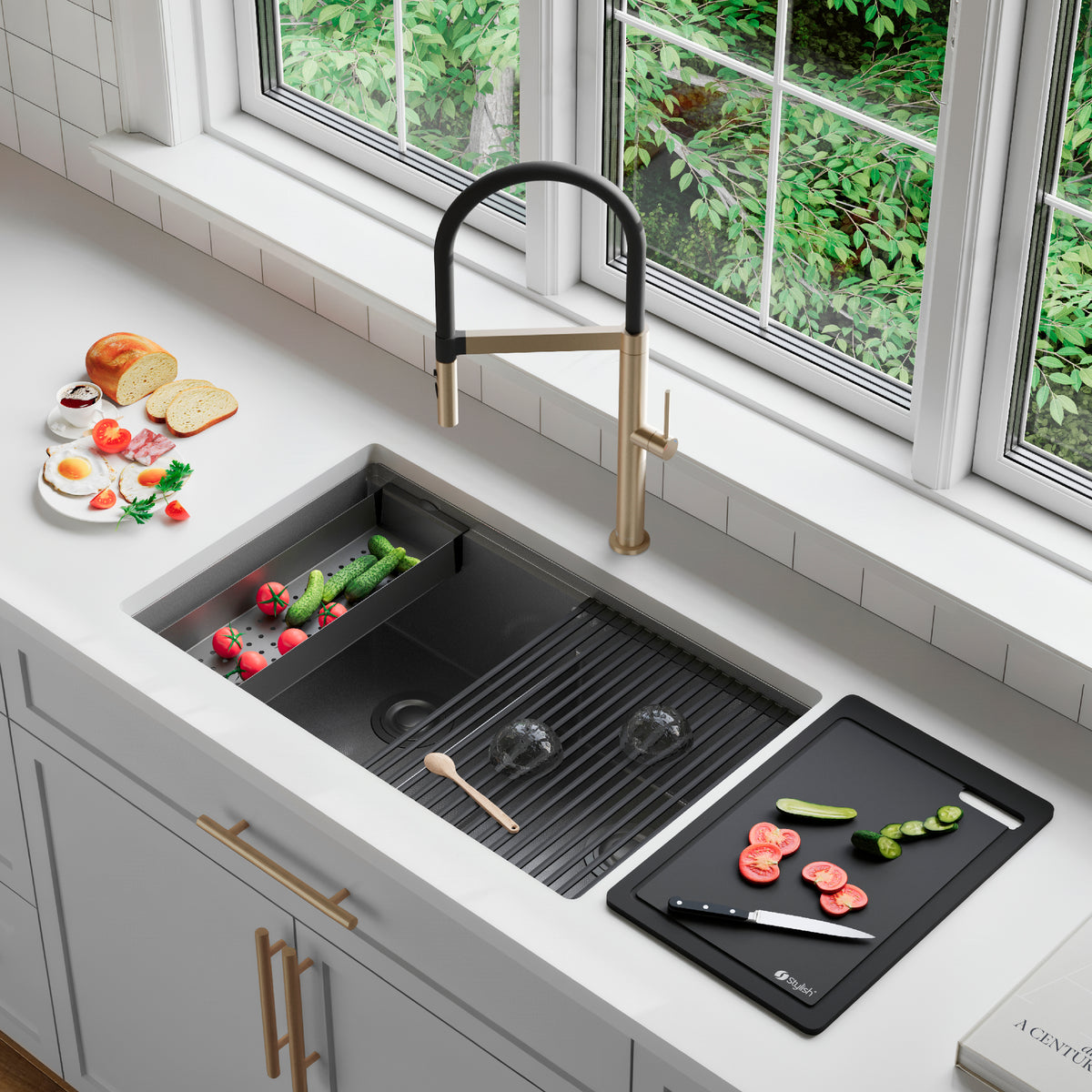 Stylish Onyxo 32" Workstation 50/50 Double Bowl Undermount 16 Gauge Dura-Tek Kitchen Sink with Black Accessories Included S-732WNK