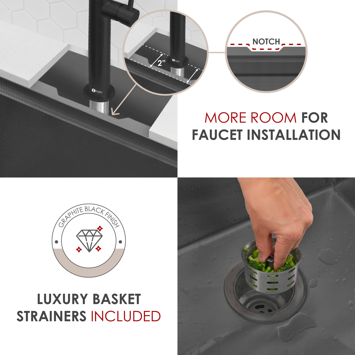 Stylish Onyxo 42" Workstation 70/30 Double Bowl Undermount 16 Gauge Dura-Tek Kitchen Sink with Black Accessories Included S-742WNK
