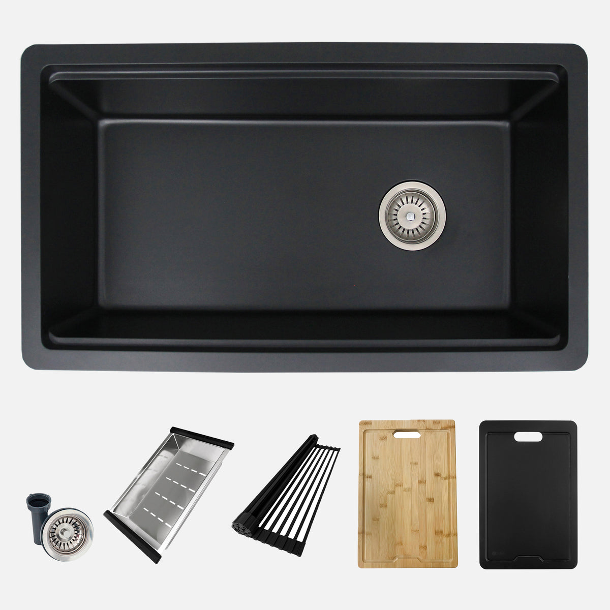 Stylish Canmore 32" Dual Mount Workstation Single Bowl Black Composite Granite Kitchen Sink with Built in Accessories S-832WNK