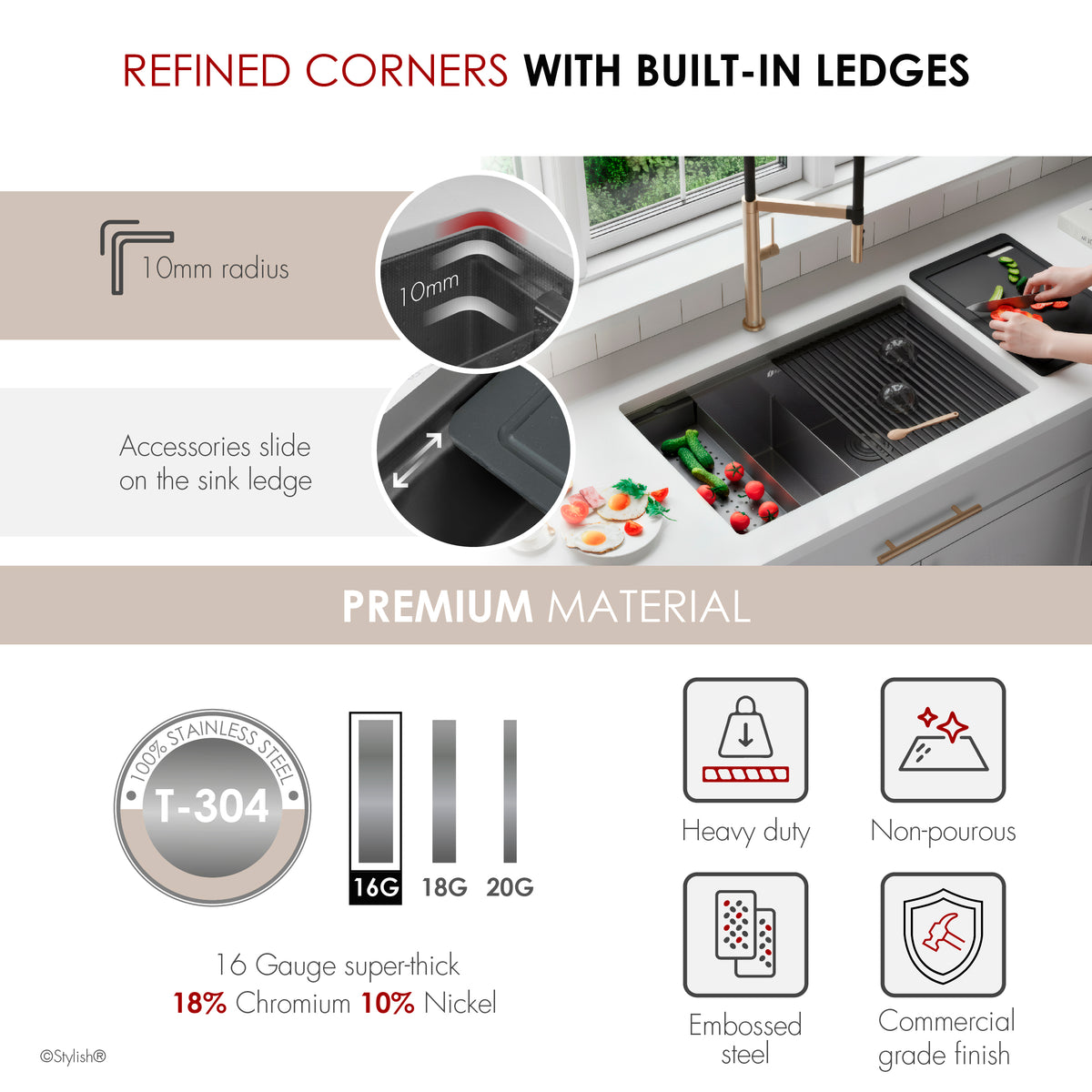 Stylish Onyxo 32" Workstation 50/50 Double Bowl Undermount 16 Gauge Dura-Tek Kitchen Sink with Black Accessories Included S-732WNK