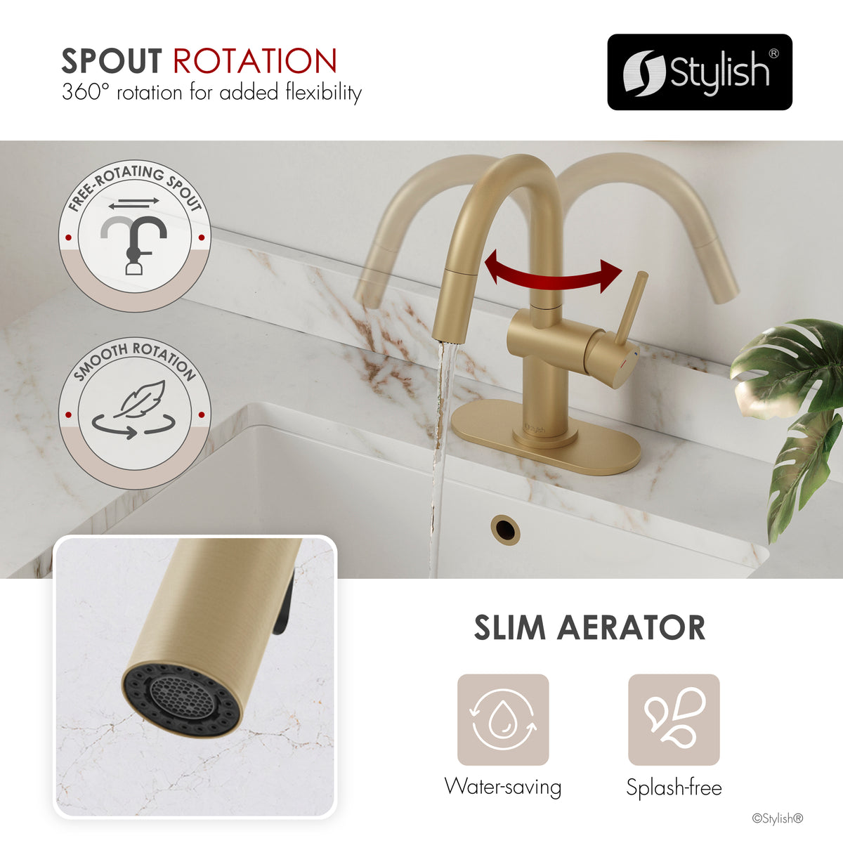 Stylish Aleen Bathroom Faucet Single Handle Brushed Gold B-114G