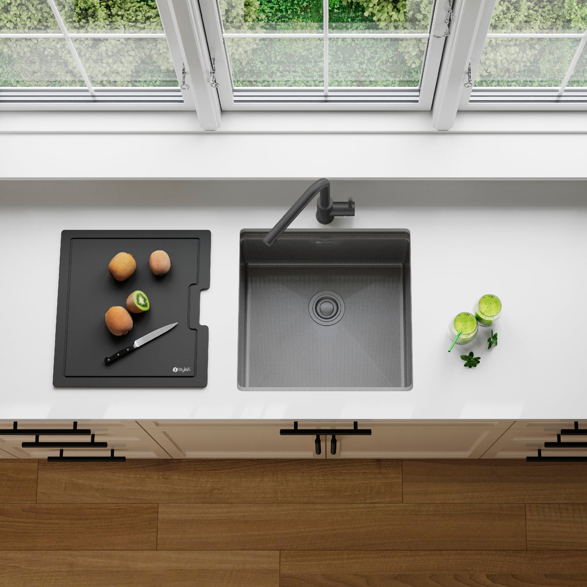 Stylish Onyxo 18" Workstation Single Bowl Undermount 16 Gauge Dura-Tek Kitchen Sink with Black Cutting Board Included S-718WNK