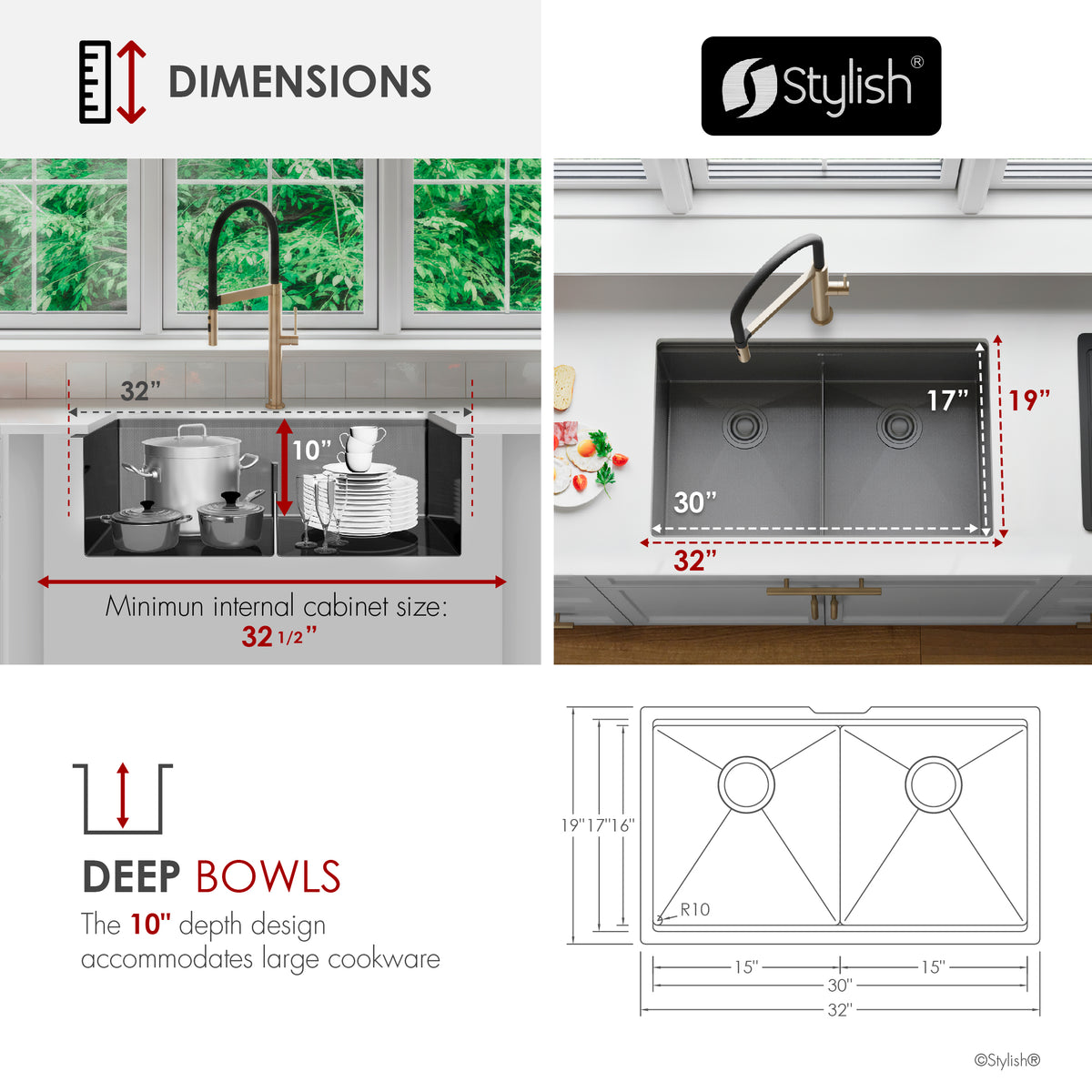 Stylish Onyxo 32" Workstation 50/50 Double Bowl Undermount 16 Gauge Dura-Tek Kitchen Sink with Black Accessories Included S-732WNK