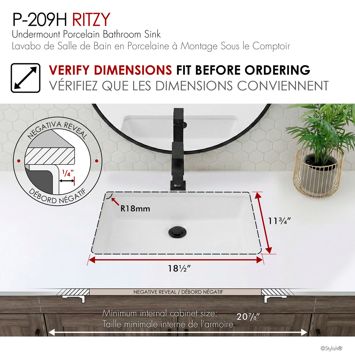 Stylish 20" Rectangular Undermount Ceramic Bathroom Sink with 2 Overflow Finishes P-209H