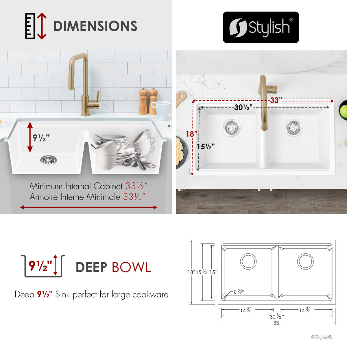 Stylish Banff 33" Dual Mount Workstation Double Bowl White Composite Granite Kitchen Sink with Built in Accessories S-833WHK