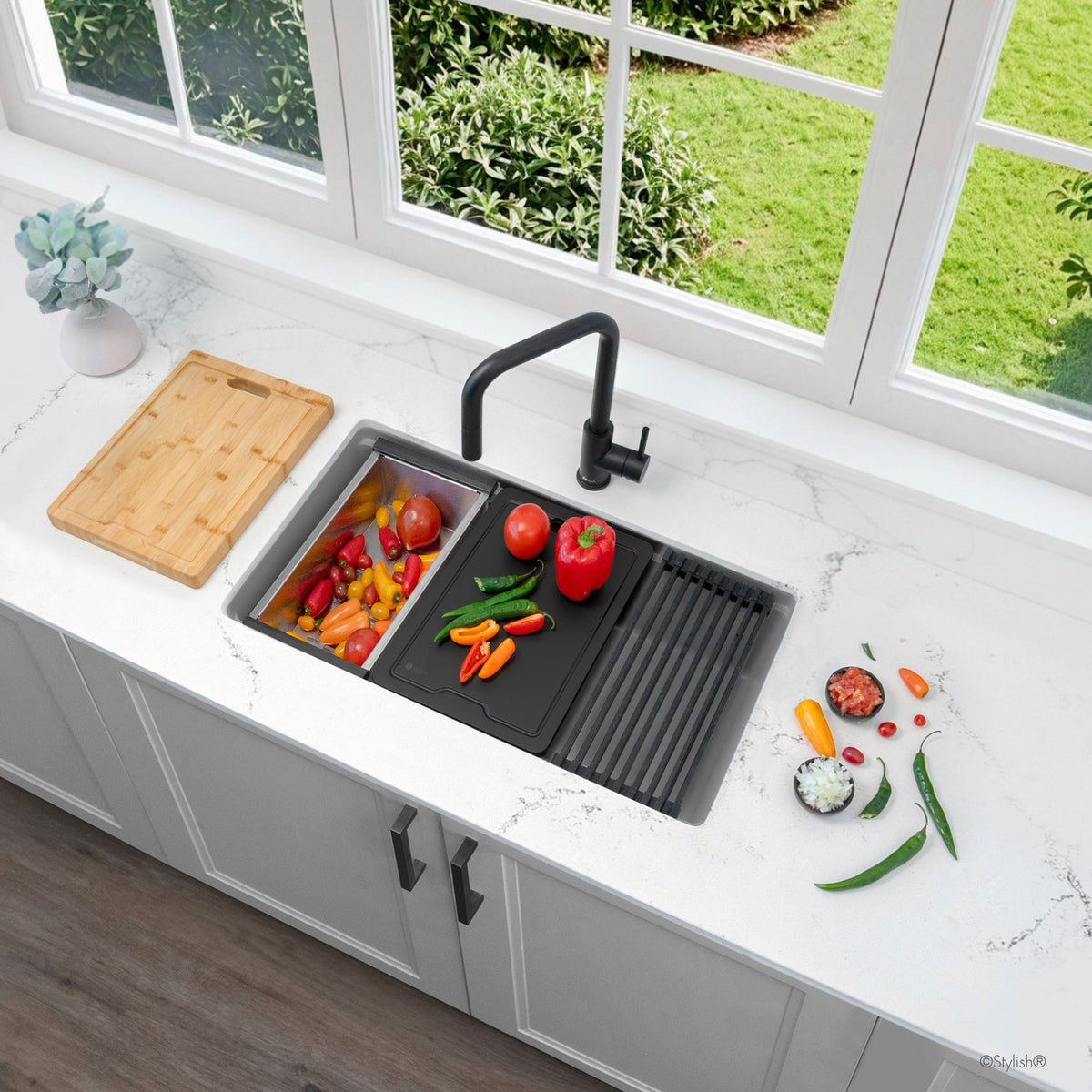 Stylish Canmore 32" Dual Mount Workstation Single Bowl Gray Composite Granite Kitchen Sink with Built in Accessories S-832WLK