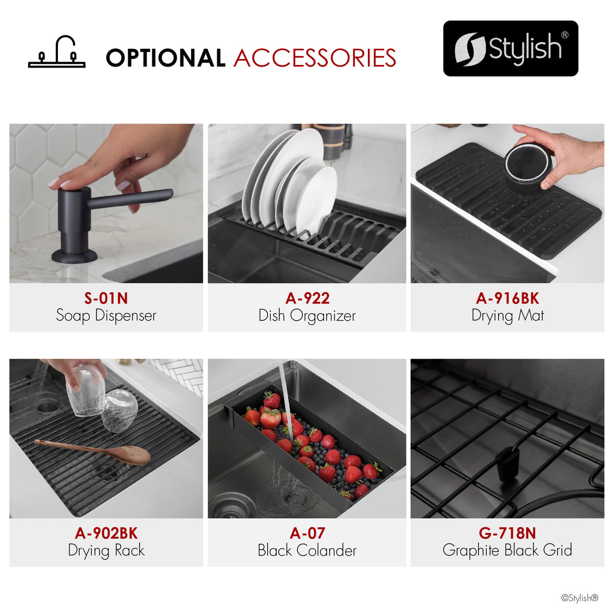 Stylish Onyxo 18" Workstation Single Bowl Undermount 16 Gauge Dura-Tek Kitchen Sink with Black Cutting Board Included S-718WNK