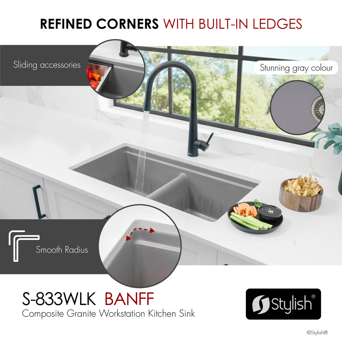 Stylish Banff 33" Dual Mount Workstation Double Bowl Gray Composite Granite Kitchen Sink with Built in Accessories S-833WLK