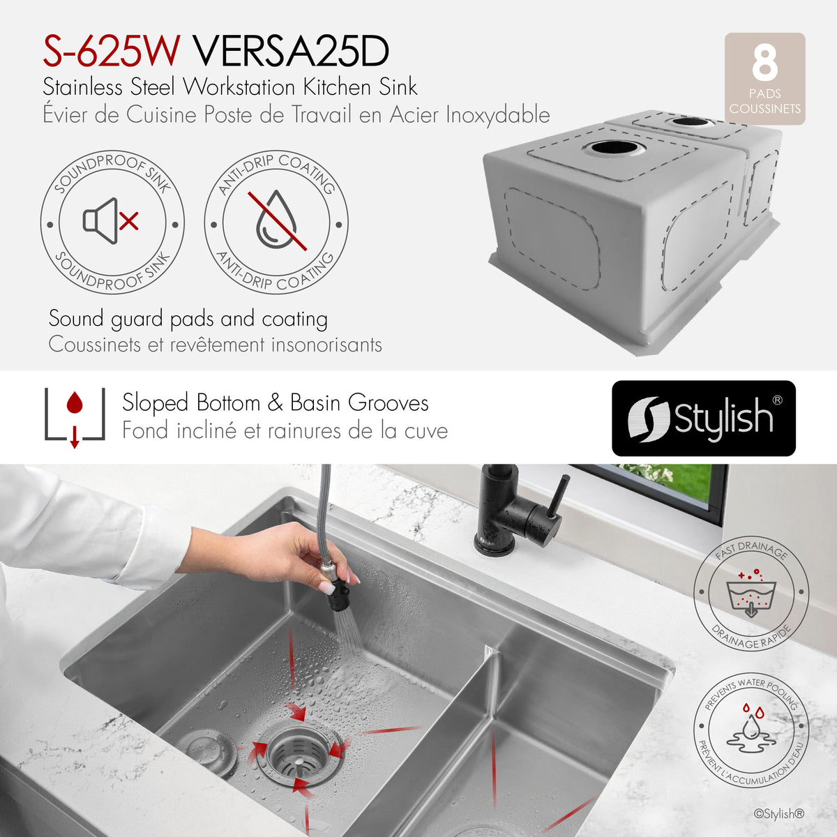 Stylish Versa 25" Workstation 60/40 Double Bowl Undermount 16 Gauge Stainless Steel Kitchen Sink with Accessories Included S-625W