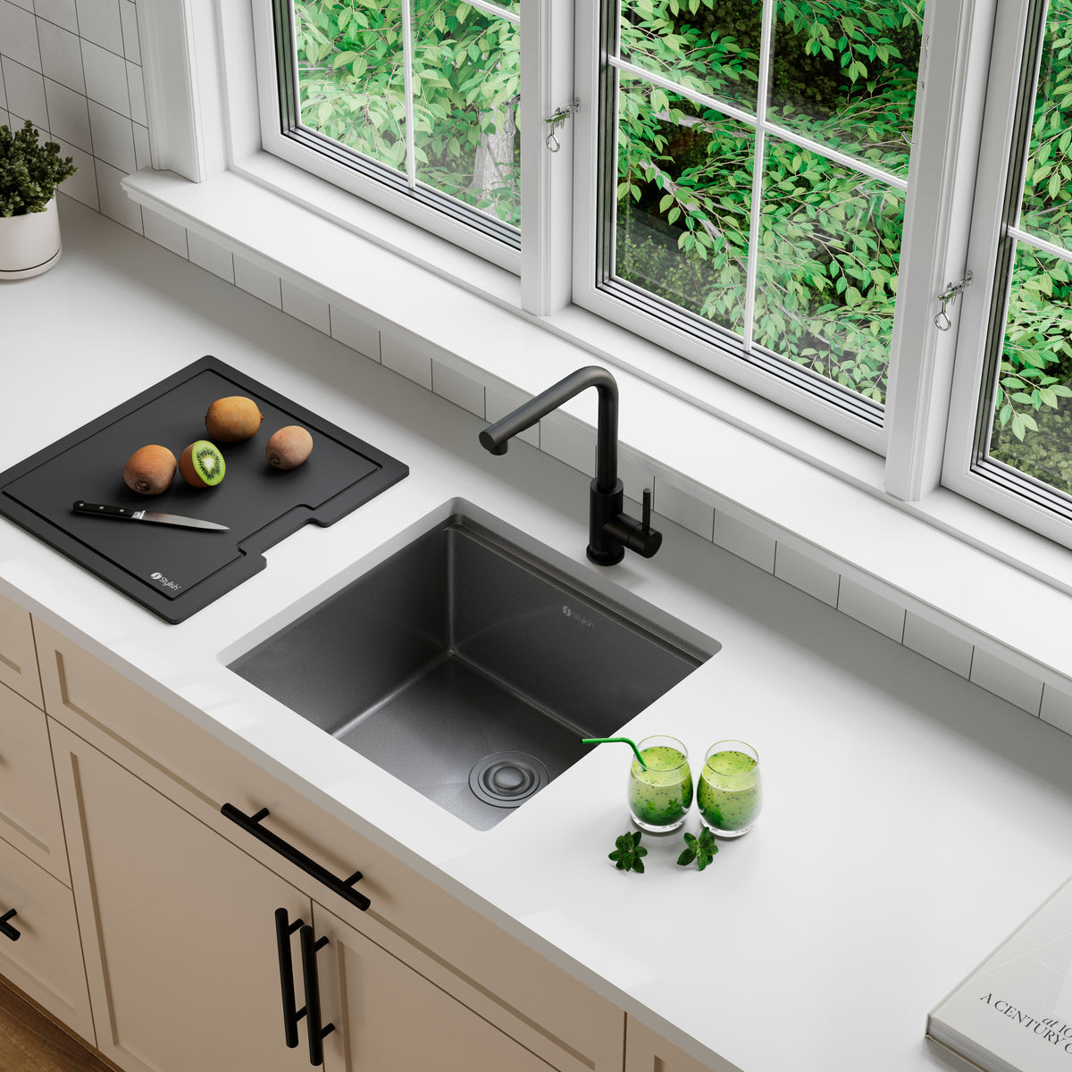 Stylish Onyxo 18" Workstation Single Bowl Undermount 16 Gauge Dura-Tek Kitchen Sink with Black Cutting Board Included S-718WNK