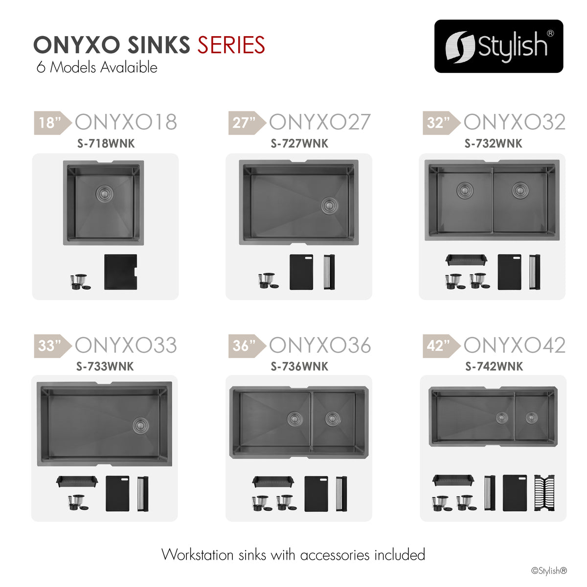 Stylish Onyxo 32" Workstation 50/50 Double Bowl Undermount 16 Gauge Dura-Tek Kitchen Sink with Black Accessories Included S-732WNK
