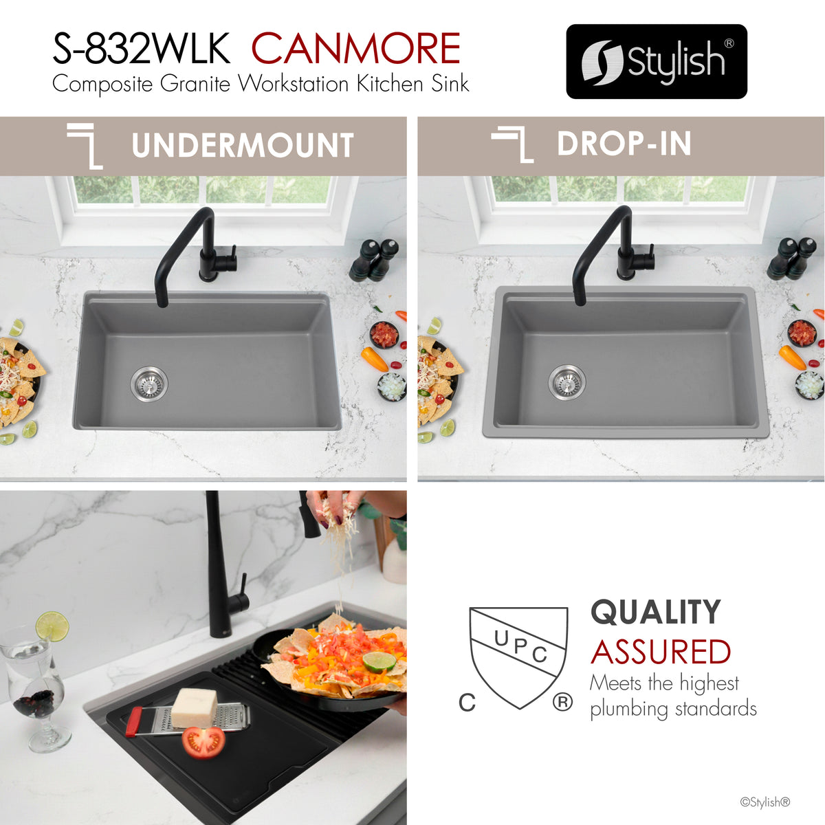 Stylish Canmore 32" Dual Mount Workstation Single Bowl Gray Composite Granite Kitchen Sink with Built in Accessories S-832WLK