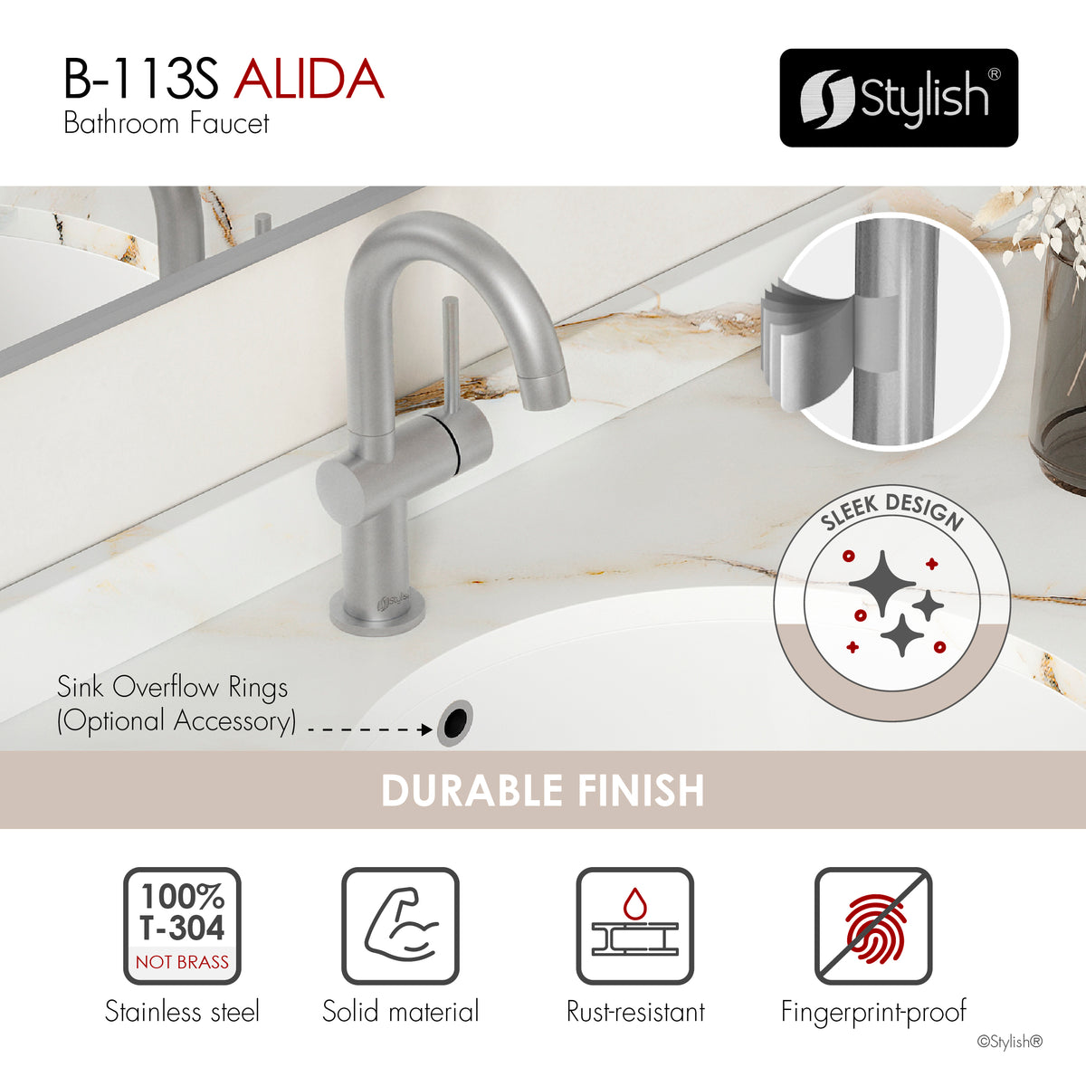 Stylish Alida Bathroom Faucet Single Handle Stainless Steel B-113S