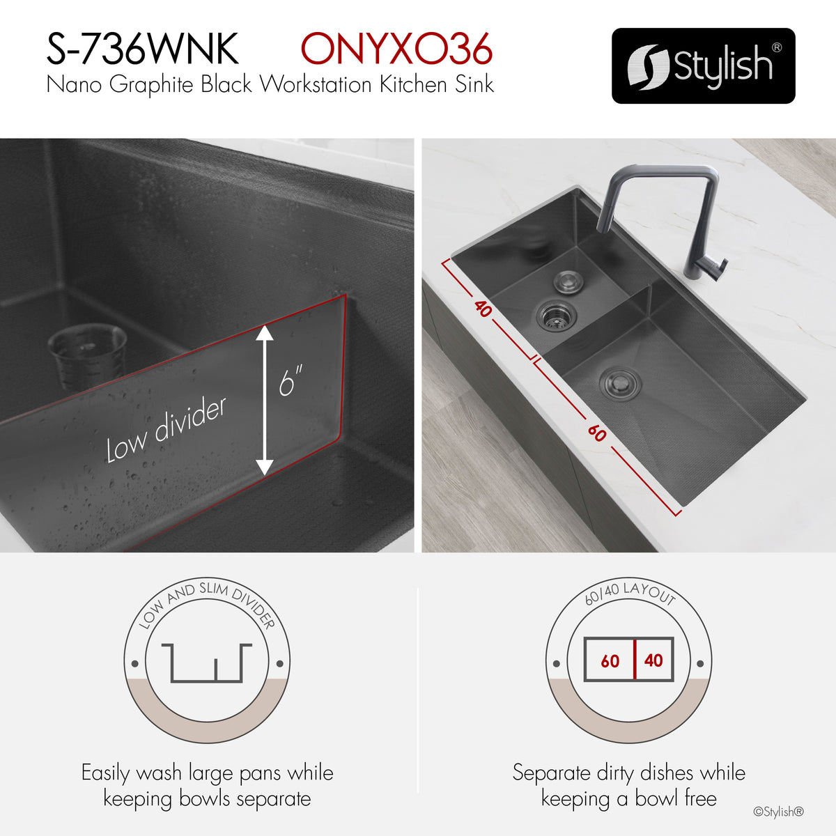 Stylish Onyxo 36" Workstation 60/40 Double Bowl Undermount 16 Gauge Dura-Tek Kitchen Sink with Black Accessories Included S-736WNK