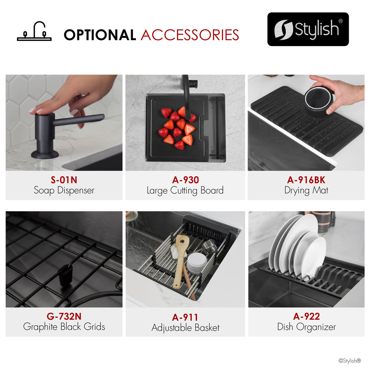 Stylish Onyxo 32" Workstation 50/50 Double Bowl Undermount 16 Gauge Dura-Tek Kitchen Sink with Black Accessories Included S-732WNK