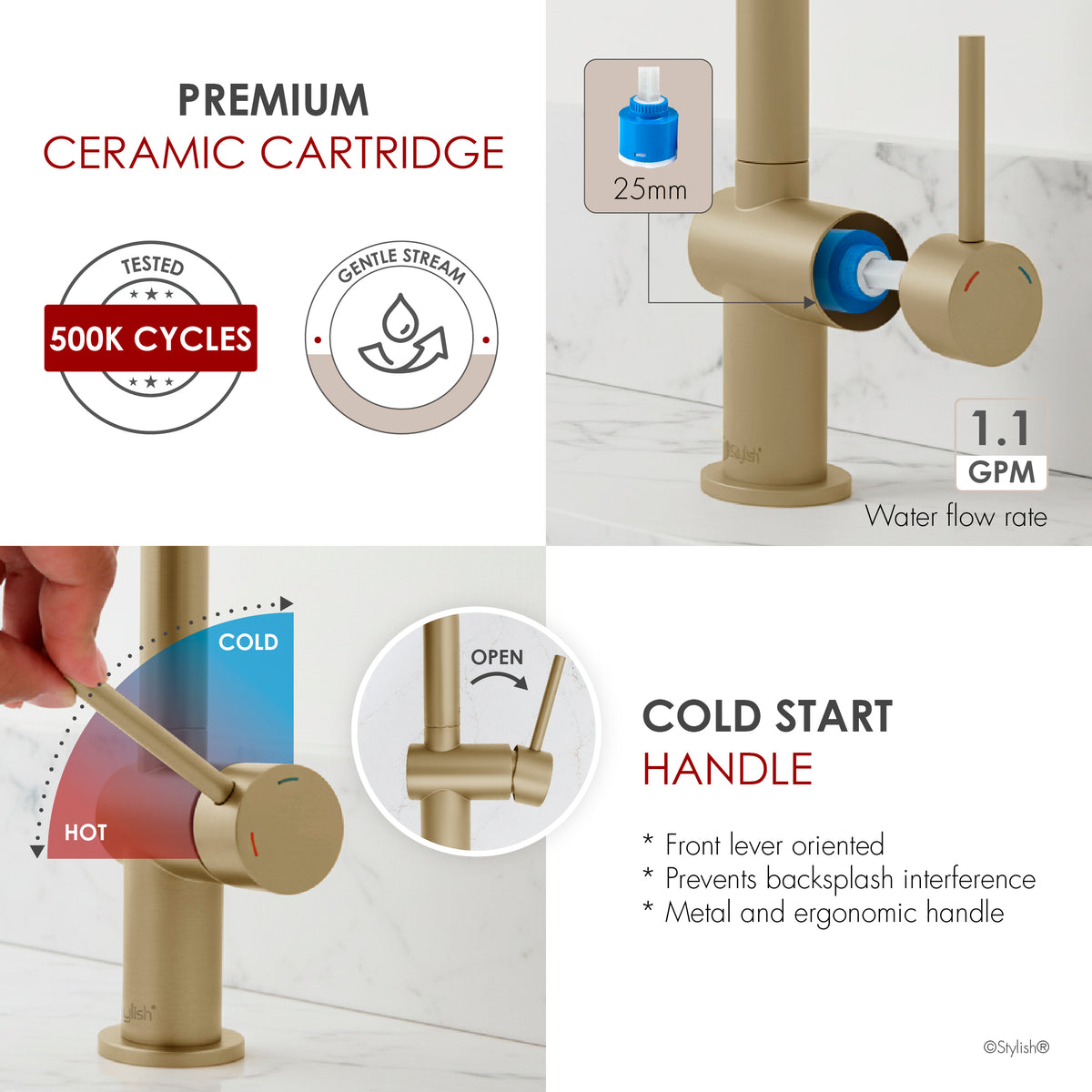 Stylish Alida Bathroom Faucet Single Handle Brushed Gold B-113G