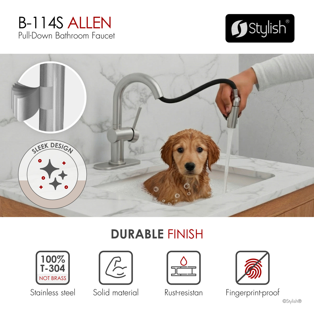 Stylish Aleen Bathroom Faucet Single Handle Stainless Steel B-114S