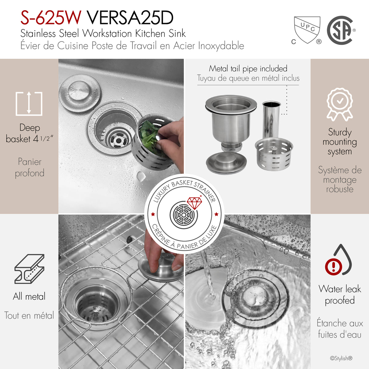 Stylish Versa 25" Workstation 60/40 Double Bowl Undermount 16 Gauge Stainless Steel Kitchen Sink with Accessories Included S-625W