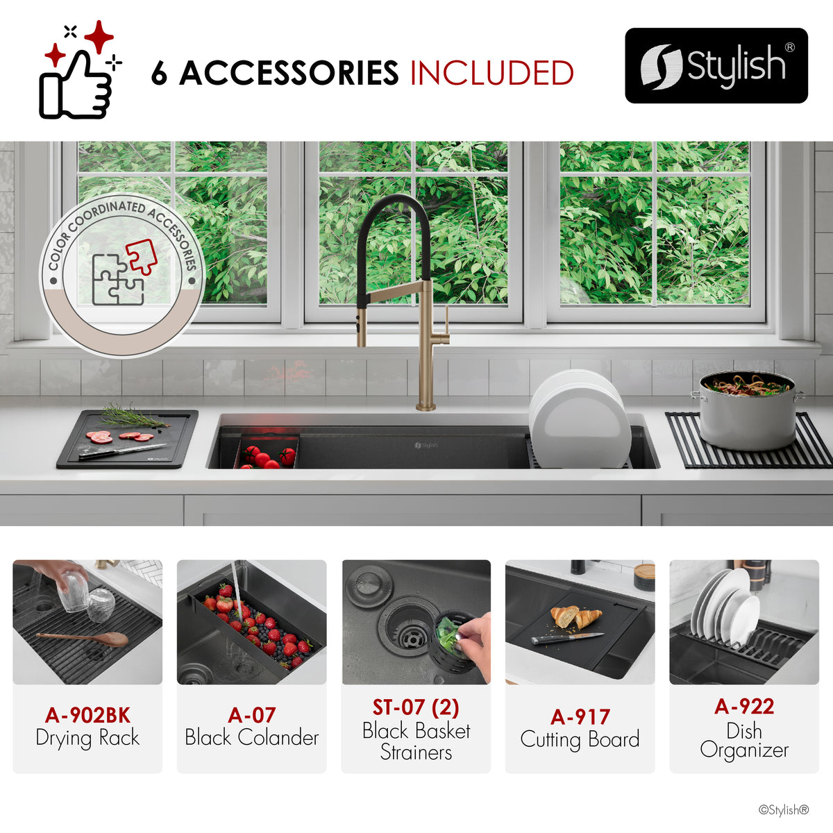 Stylish Onyxo 42" Workstation 70/30 Double Bowl Undermount 16 Gauge Dura-Tek Kitchen Sink with Black Accessories Included S-742WNK