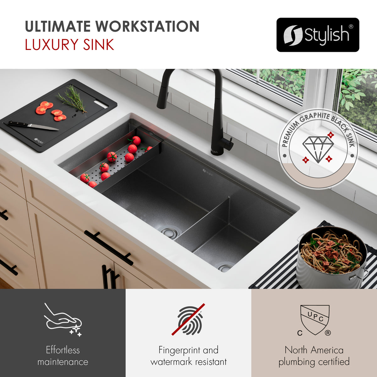 Stylish Onyxo 36" Workstation 60/40 Double Bowl Undermount 16 Gauge Dura-Tek Kitchen Sink with Black Accessories Included S-736WNK