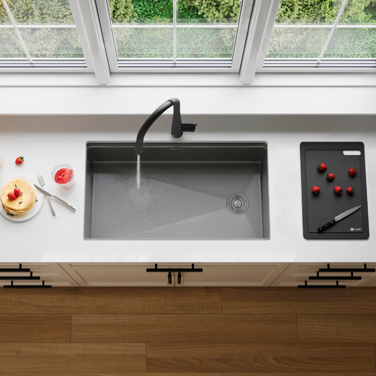 Stylish Onyxo 33" Workstation Single Bowl Undermount 16 Gauge Dura-Tek Kitchen Sink with Black Accessories Included S-733WNK