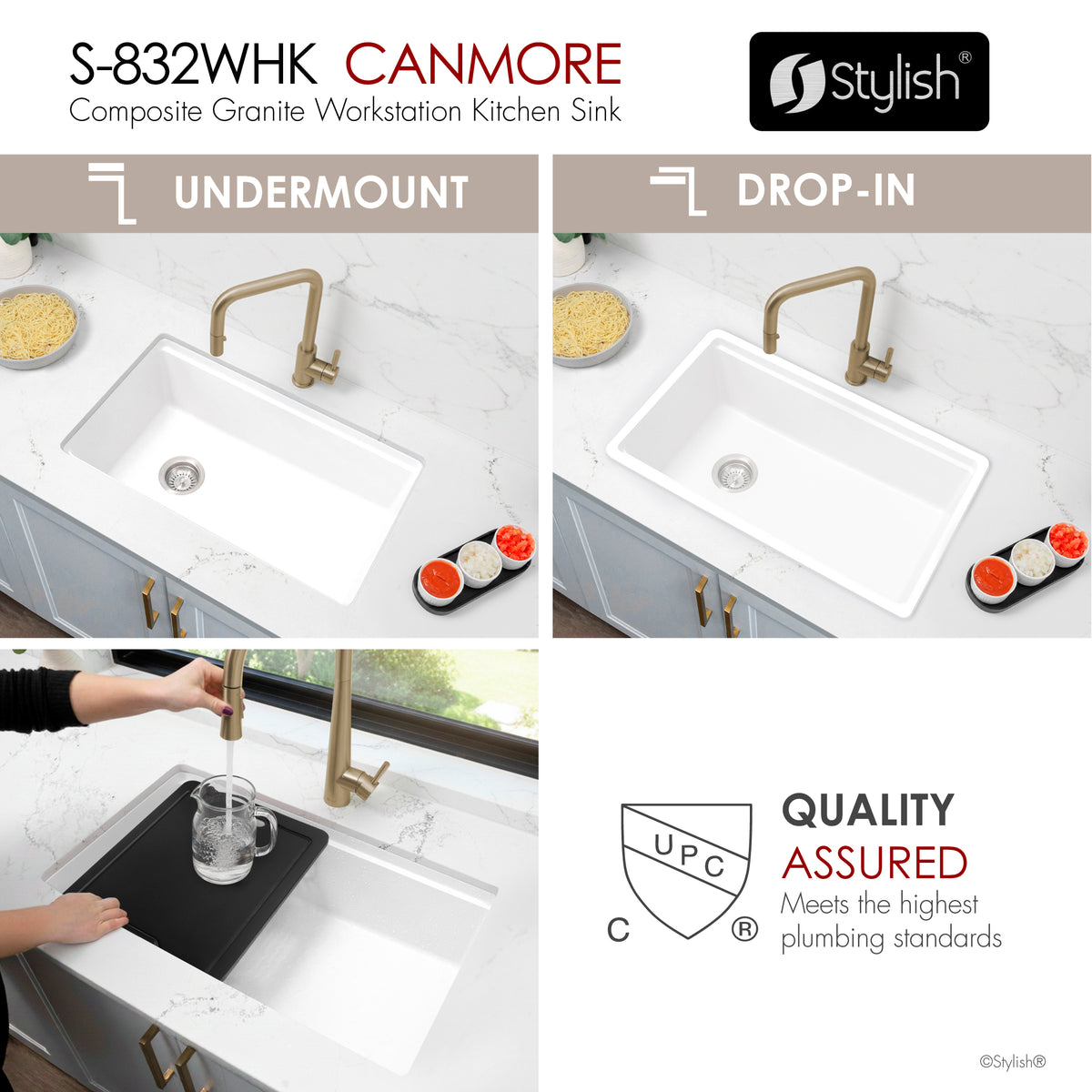 Stylish Canmore 32" Dual Mount Workstation Single Bowl White Composite Granite Kitchen Sink with Built in Accessories S-832WHK