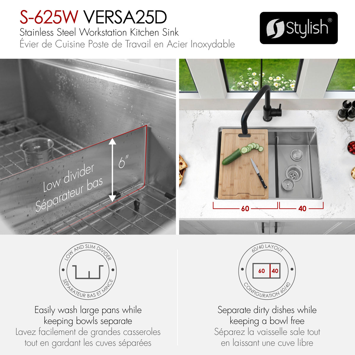 Stylish Versa 25" Workstation 60/40 Double Bowl Undermount 16 Gauge Stainless Steel Kitchen Sink with Accessories Included S-625W