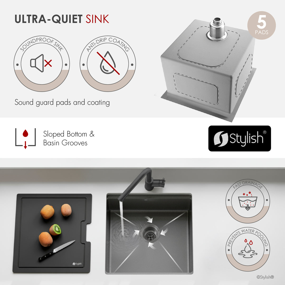 Stylish Onyxo 18" Workstation Single Bowl Undermount 16 Gauge Dura-Tek Kitchen Sink with Black Cutting Board Included S-718WNK
