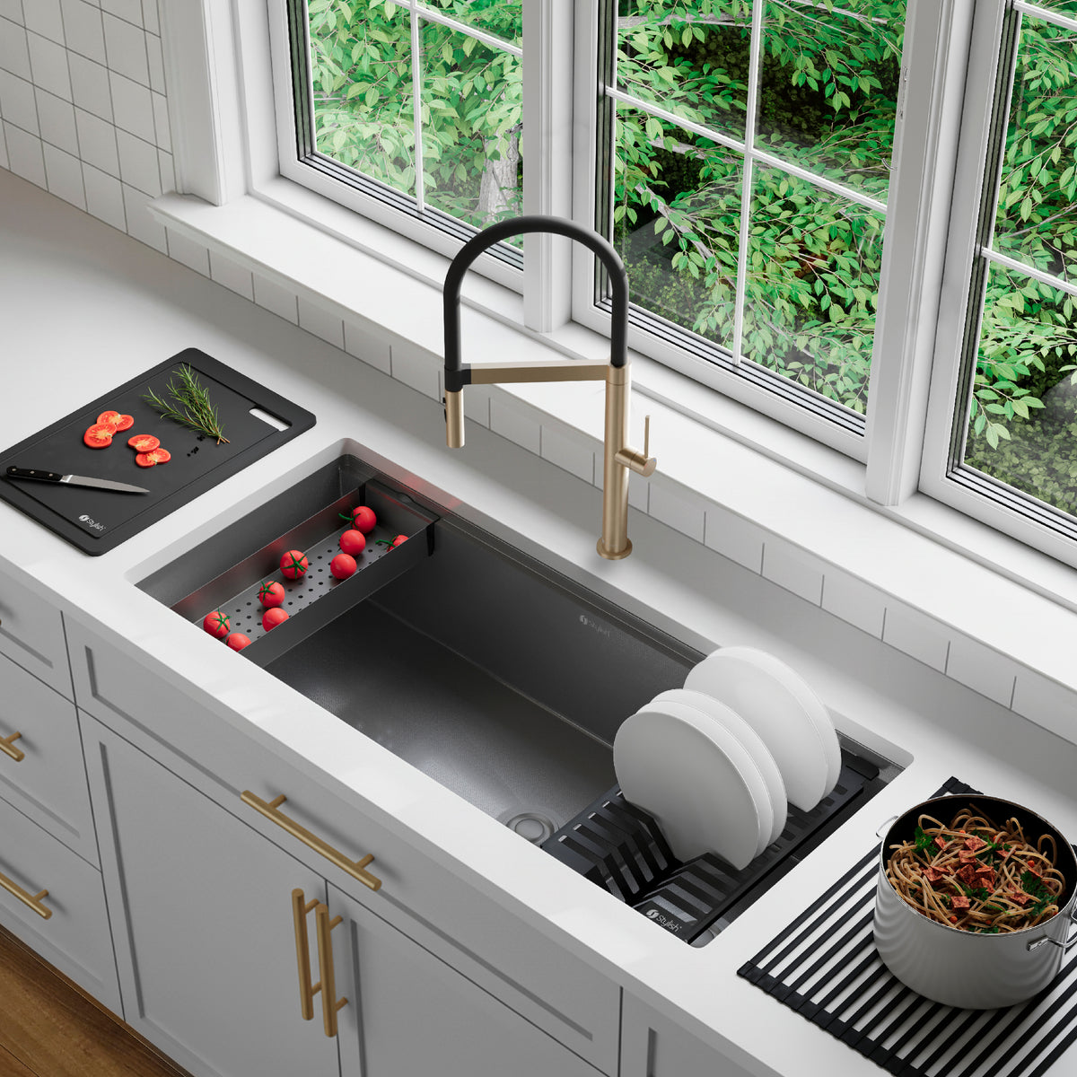 Stylish Onyxo 42" Workstation 70/30 Double Bowl Undermount 16 Gauge Dura-Tek Kitchen Sink with Black Accessories Included S-742WNK