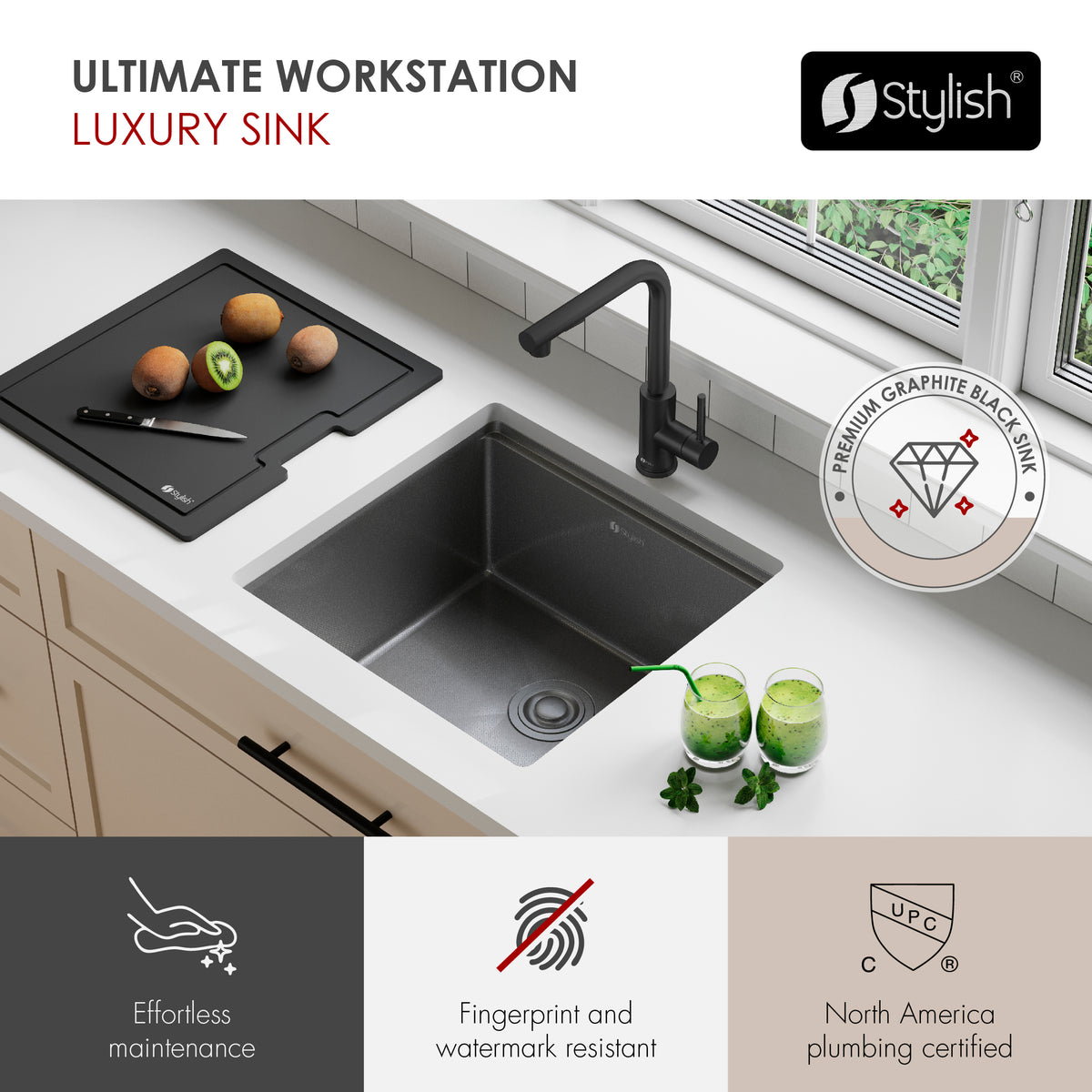 Stylish Onyxo 18" Workstation Single Bowl Undermount 16 Gauge Dura-Tek Kitchen Sink with Black Cutting Board Included S-718WNK