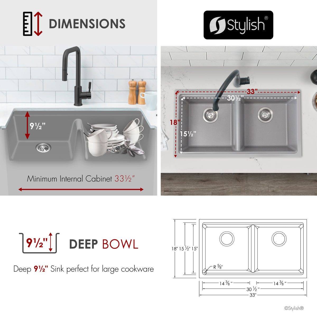 Stylish Banff 33" Dual Mount Workstation Double Bowl Gray Composite Granite Kitchen Sink with Built in Accessories S-833WLK