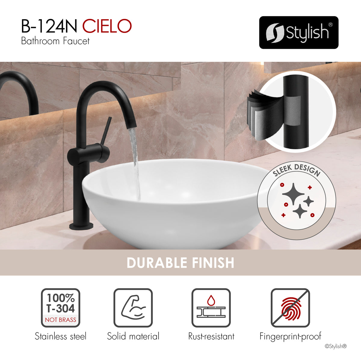 Stylish Cielo Bathroom Faucet Single Handle Matte Black B-124N