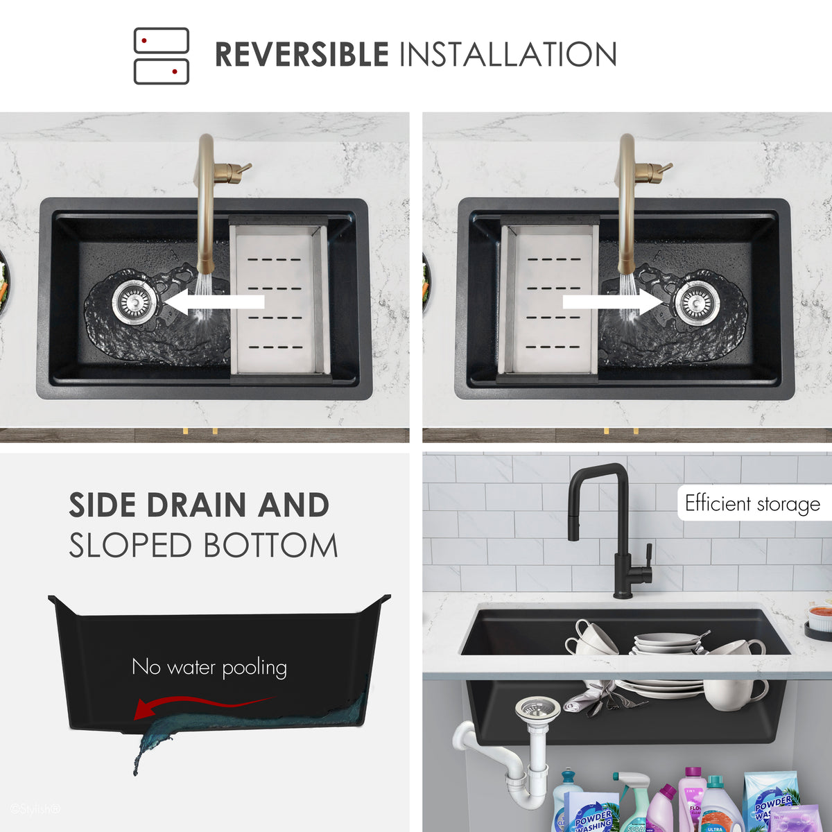 Stylish Canmore 32" Dual Mount Workstation Single Bowl Black Composite Granite Kitchen Sink with Built in Accessories S-832WNK