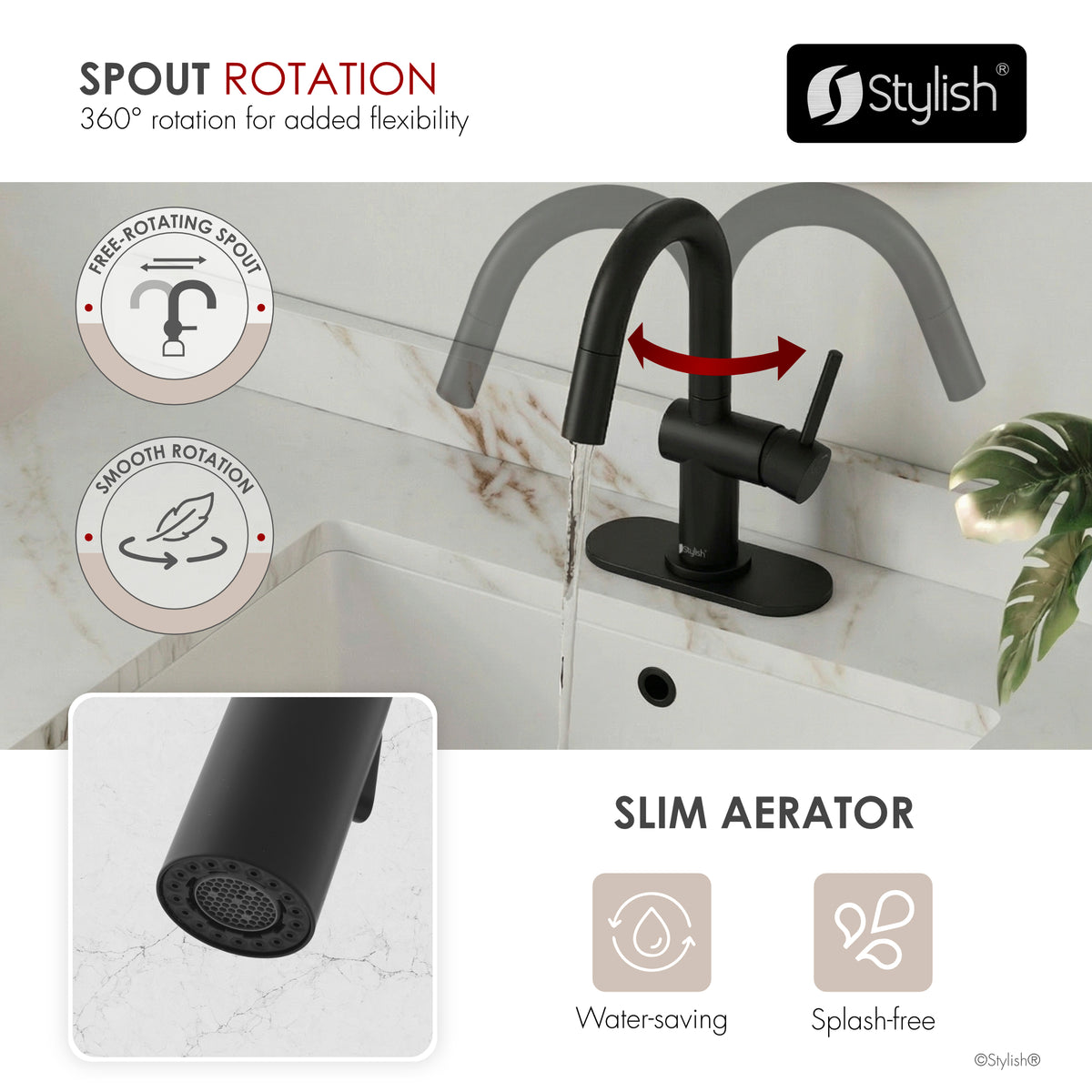 Stylish Aleen Bathroom Faucet Single Handle Matte Black B-114N