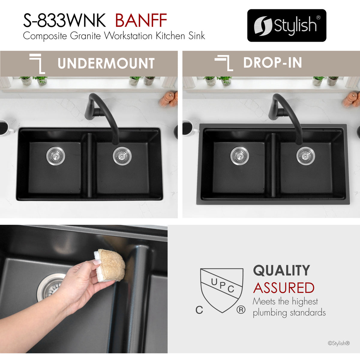 Stylish Banff 33" Dual Mount Workstation Double Bowl Black Composite Granite Kitchen Sink with Built in Accessories S-833WNK