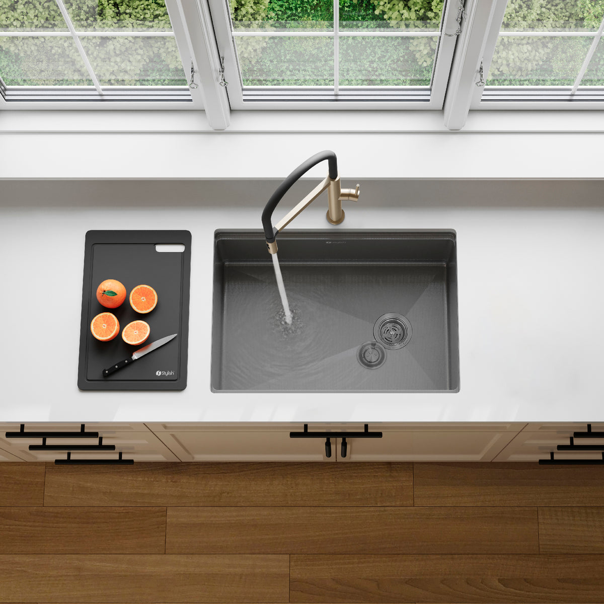 Stylish Onyxo 27" Workstation Single Bowl Undermount 16 Gauge Dura-Tek Kitchen Sink with Black Accessories Included S-727WNK