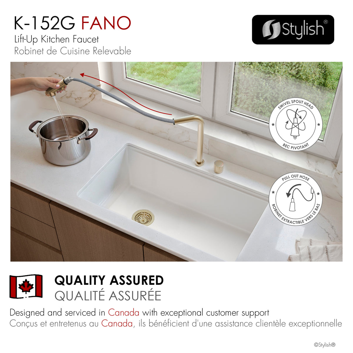 Stylish Fano Single Handle Lift-Up Kitchen Faucet Brushed Gold K-152G