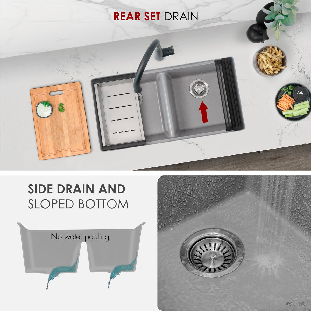 Stylish Banff 33" Dual Mount Workstation Double Bowl Gray Composite Granite Kitchen Sink with Built in Accessories S-833WLK