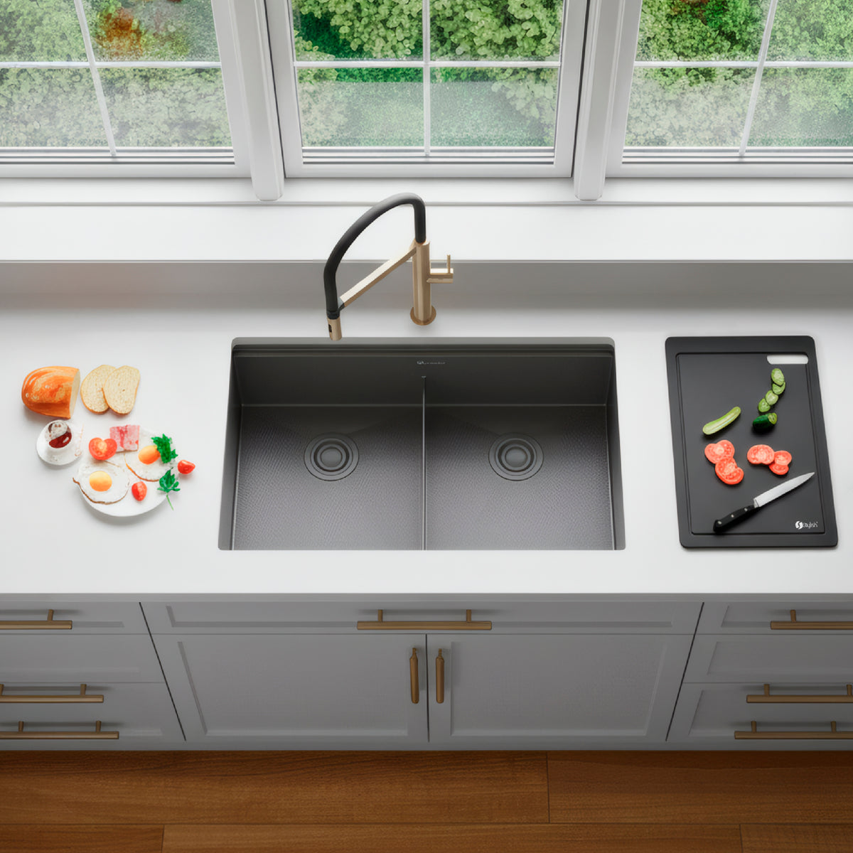 Stylish Onyxo 32" Workstation 50/50 Double Bowl Undermount 16 Gauge Dura-Tek Kitchen Sink with Black Accessories Included S-732WNK